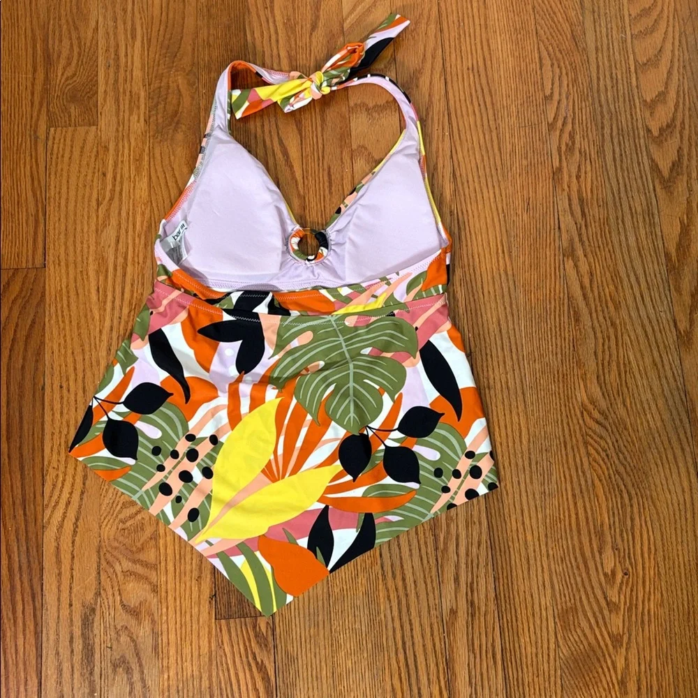Bar III Women's Ring Tie Halter Tankini Swimsuit green orange‎ Top S NWOT